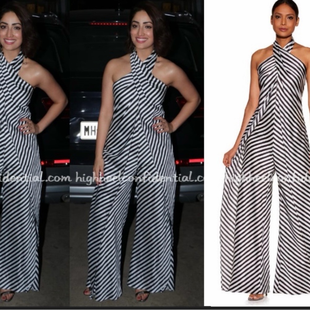 Boston Proper Black & White Stripe Halter Wide-Leg Jumpsuit - Picture 3 of 5